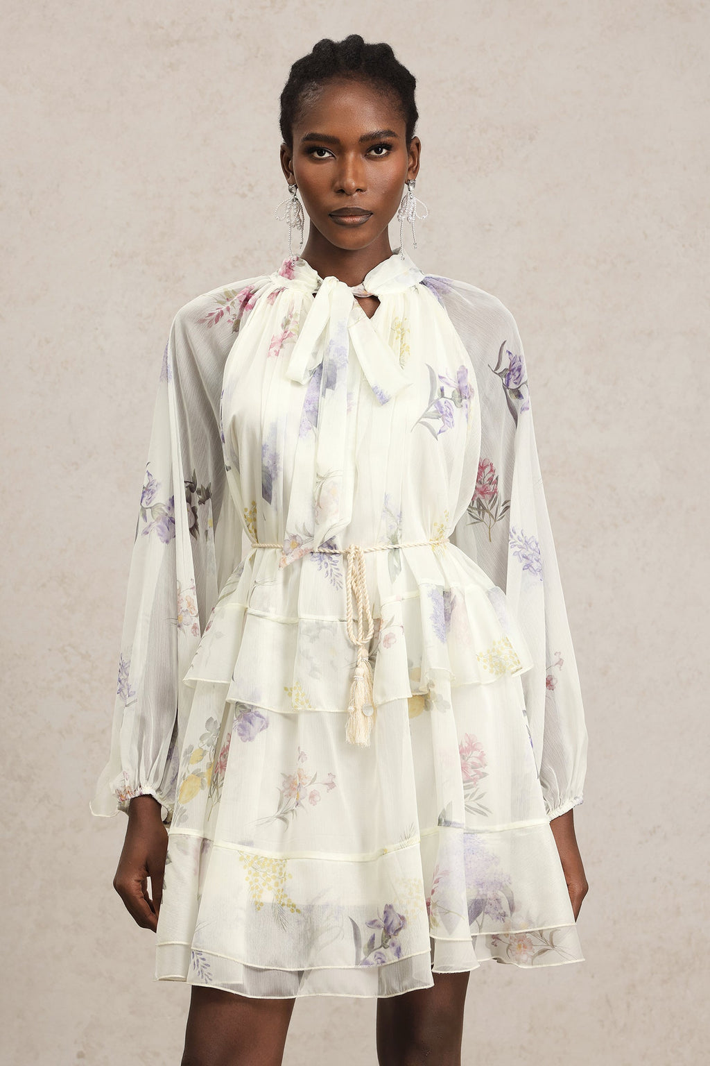 Lucia White Floral Chiffon Tiered Dress