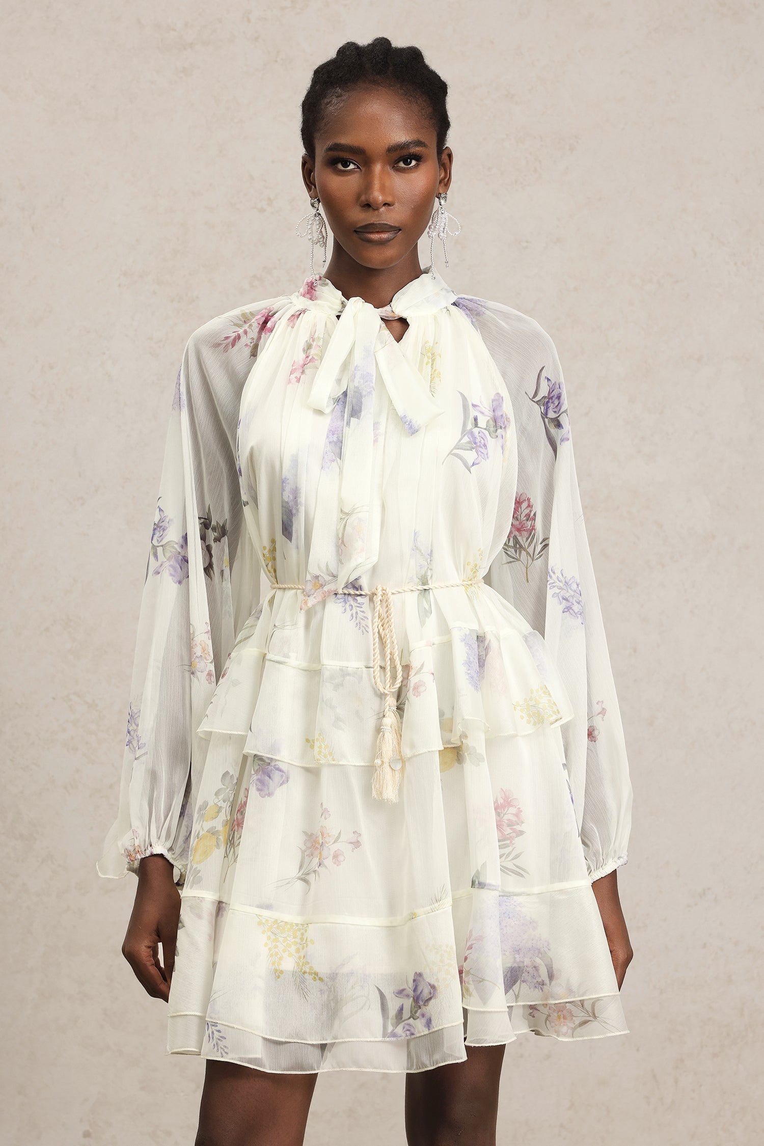Lucia White Floral Chiffon Tiered Dress