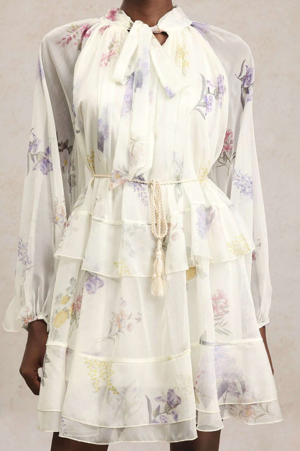 Lucia White Floral Chiffon Tiered Skirt Dress for Women