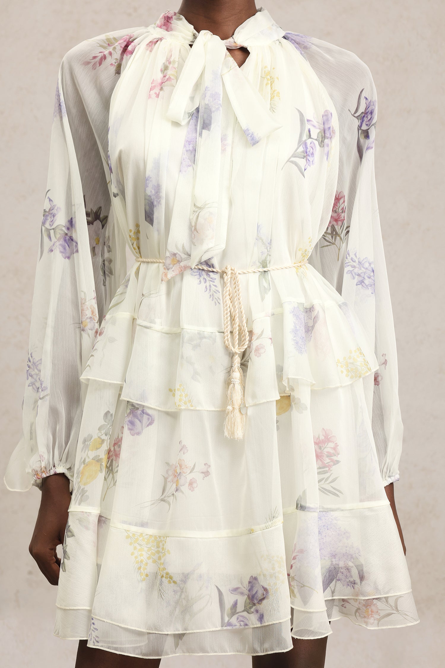 Lucia White Floral Chiffon Tiered Skirt Dress for Women