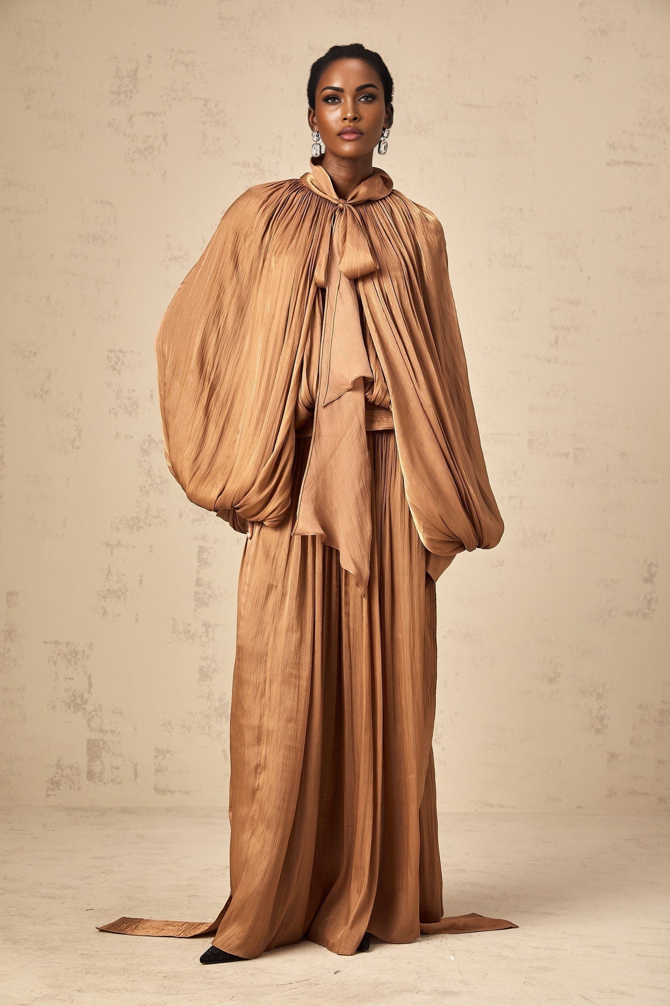 Luciana Maxi Dress in Brown Satin with Ribbon Tie - Neck and Pleats