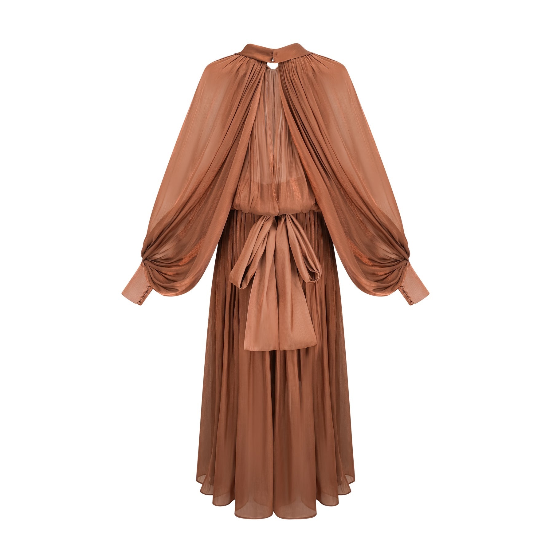Luciana Maxi Dress in Brown Satin with Ribbon Tie - Neck and Pleats