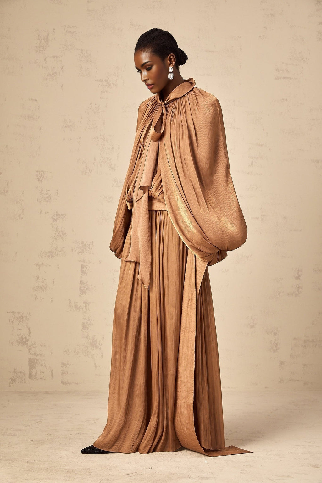 Luciana Maxi Dress in Brown Satin with Ribbon Tie - Neck and Pleats