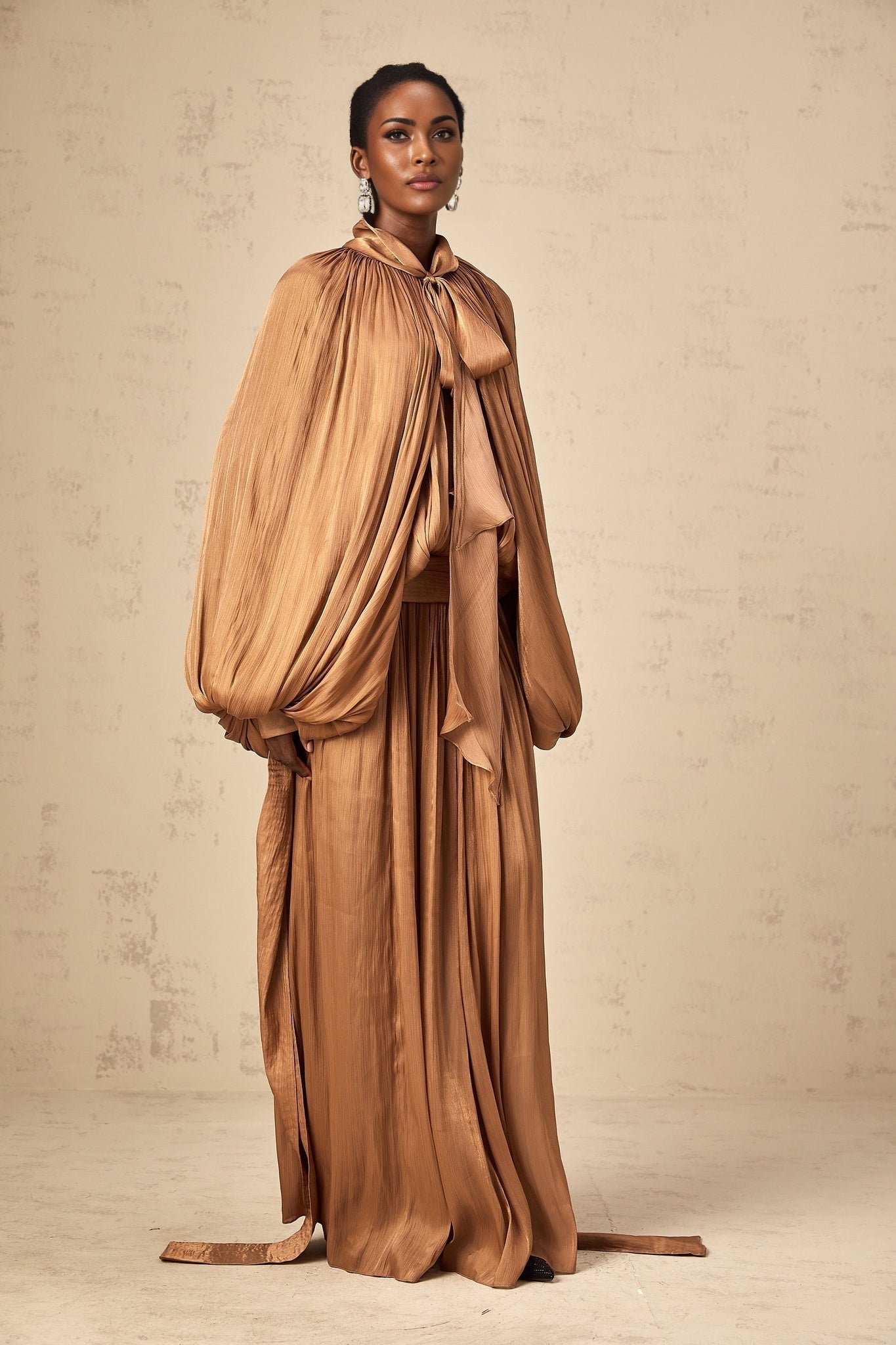 Luciana Maxi Dress in Brown Satin with Ribbon Tie - Neck and Pleats