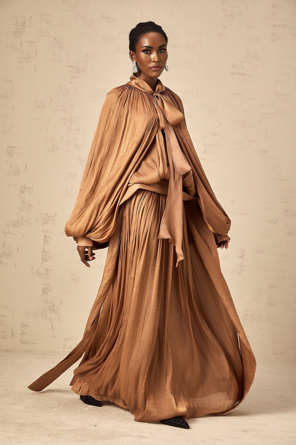 Luciana Maxi Dress in Brown Satin with Ribbon Tie - Neck and Pleats