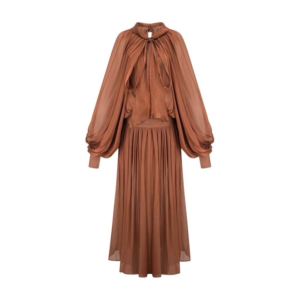 Luciana Maxi Dress in Brown Satin with Ribbon Tie - Neck and Pleats