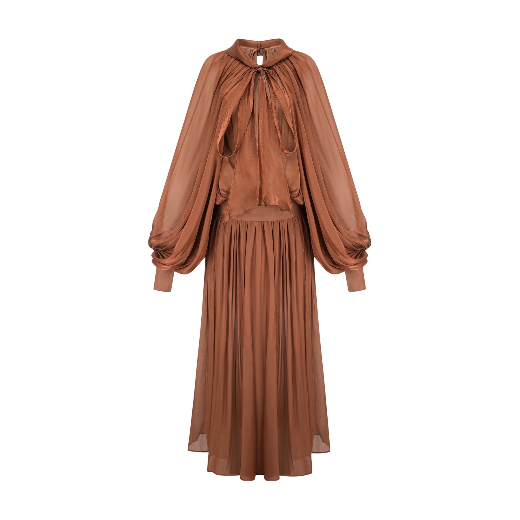 Luciana Maxi Dress in Brown Satin with Ribbon Tie - Neck and Pleats