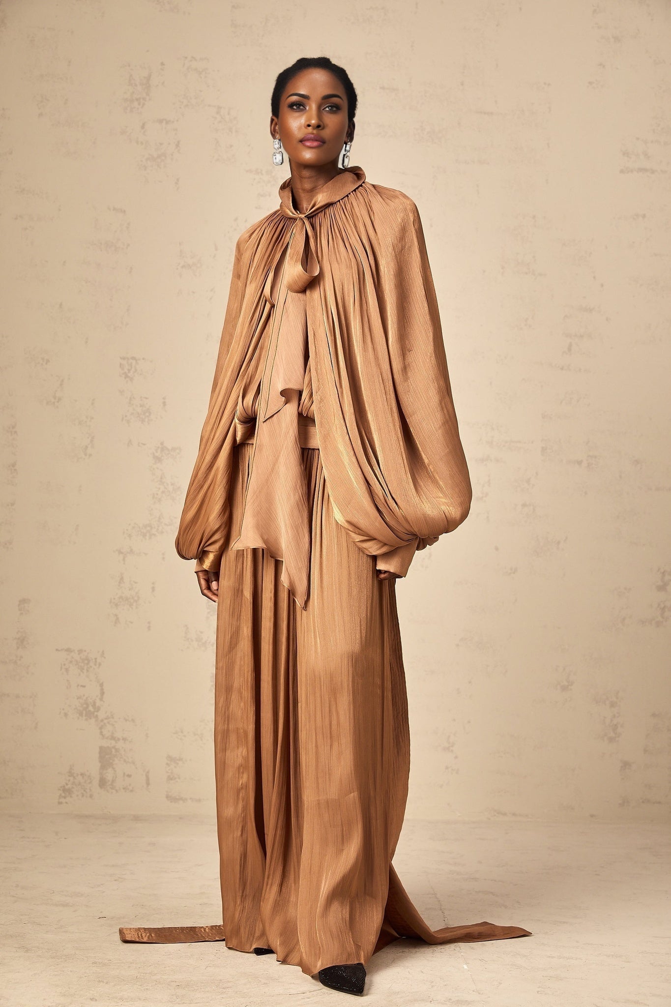 Luciana Maxi Dress in Brown Satin with Ribbon Tie - Neck and Pleats