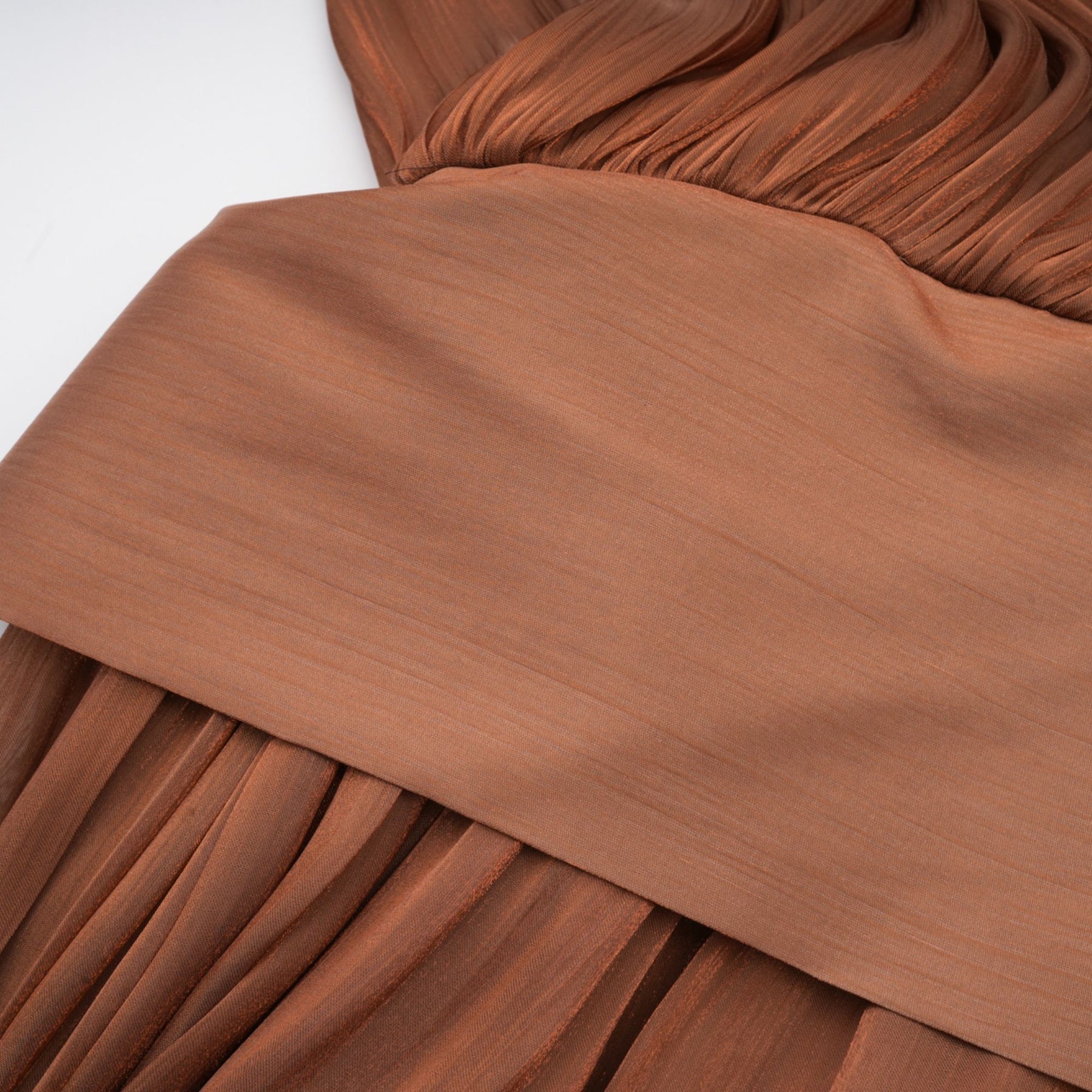 Luciana Maxi Dress in Brown Satin with Ribbon Tie - Neck and Pleats