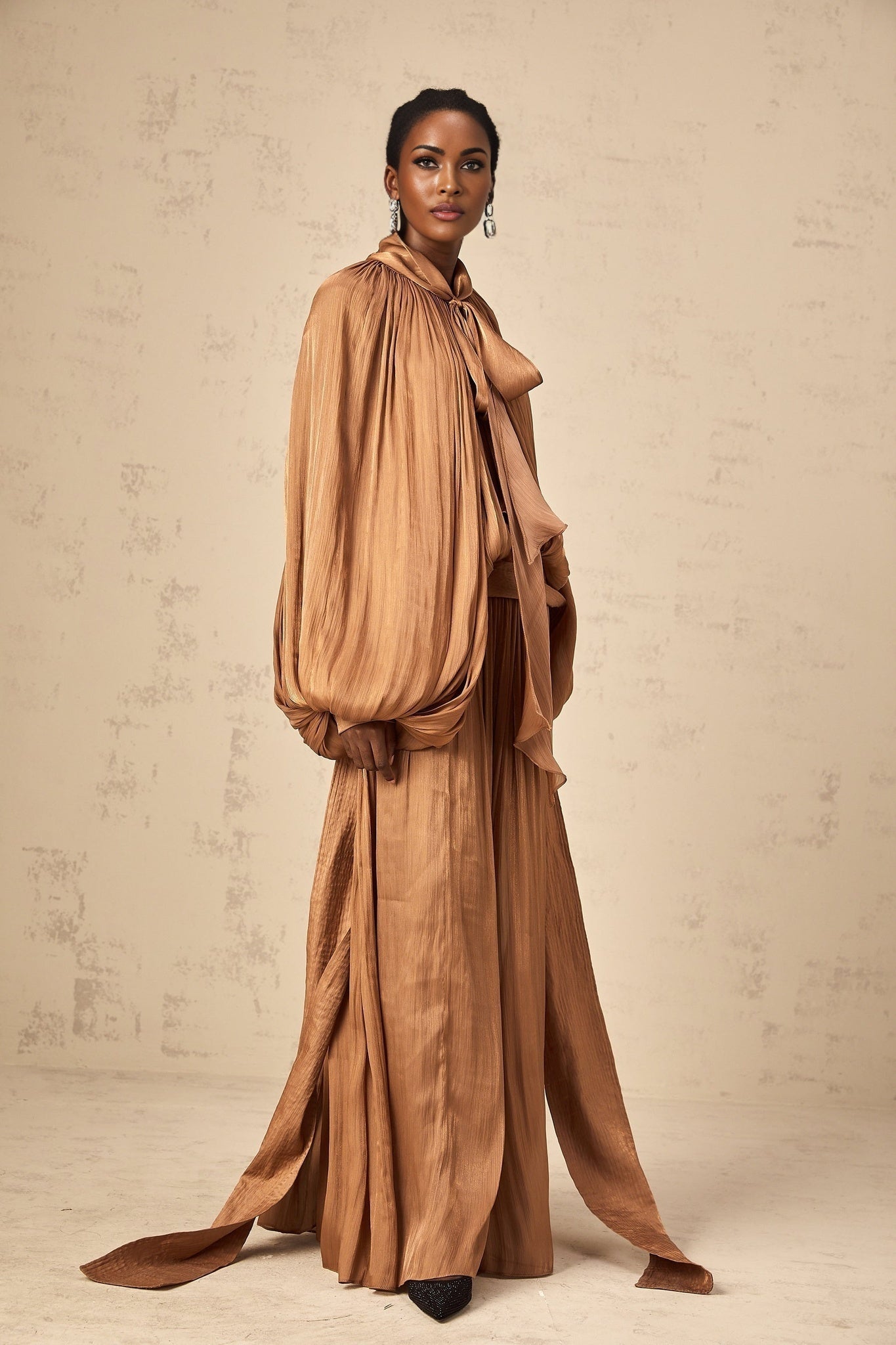 Luciana Maxi Dress in Brown Satin with Ribbon Tie - Neck and Pleats