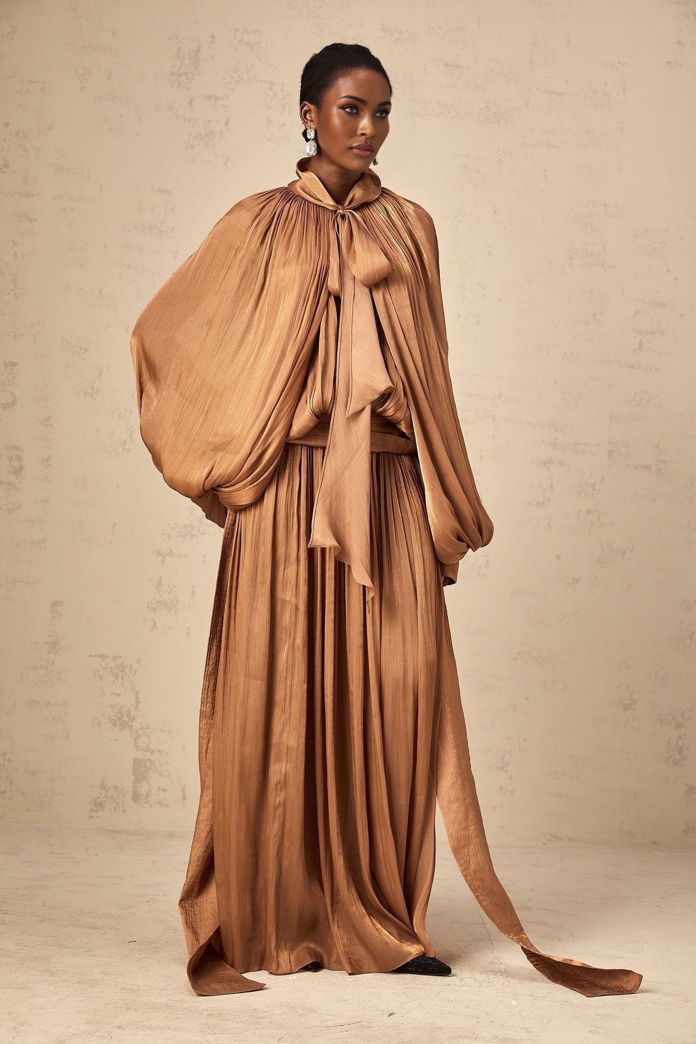 Luciana Maxi Dress in Brown Satin with Ribbon Tie - Neck and Pleats