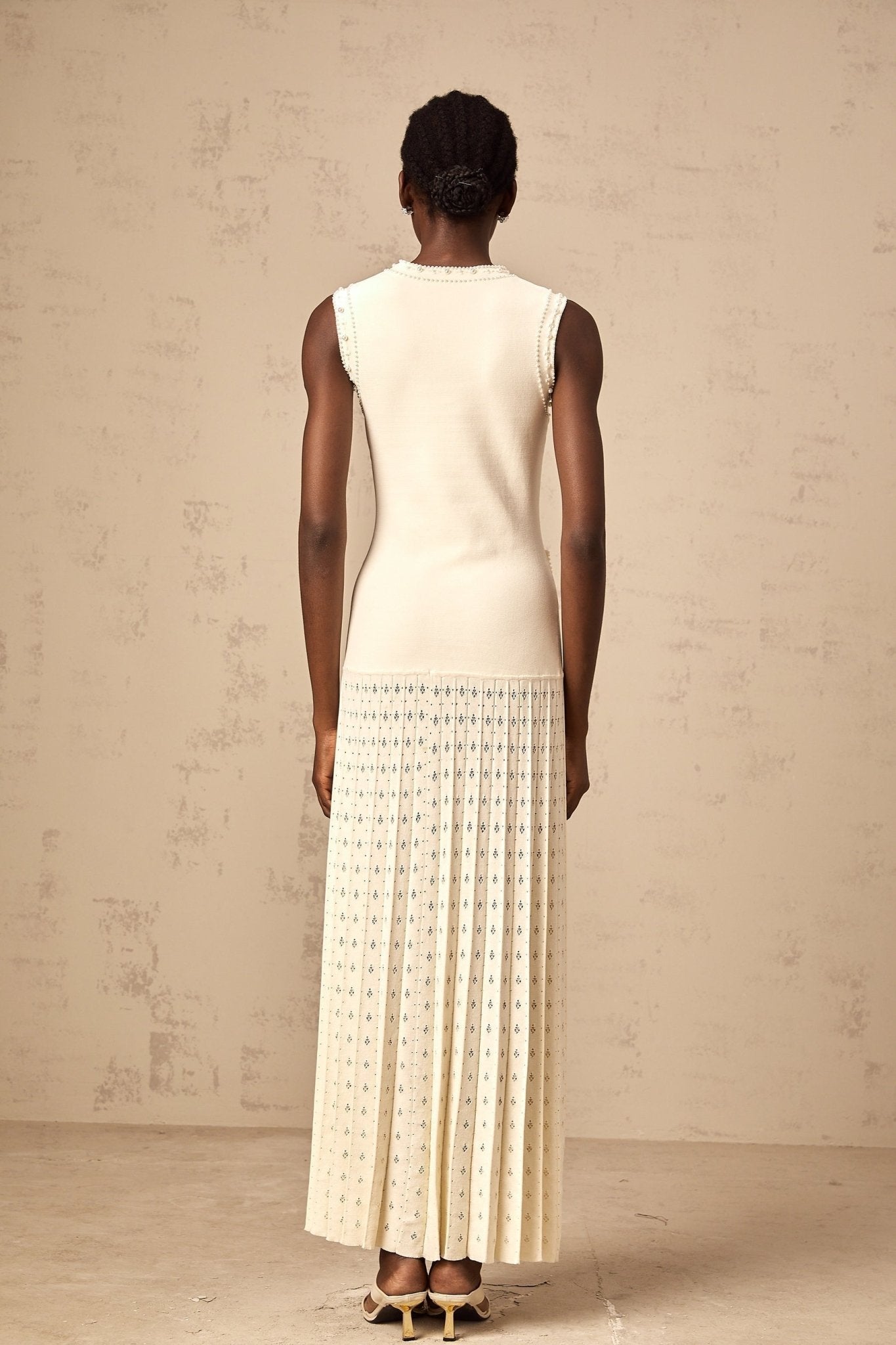 Luciana Maxi Dress in Elegant White with Faux - Pearl Embellishments & Knitted Detail