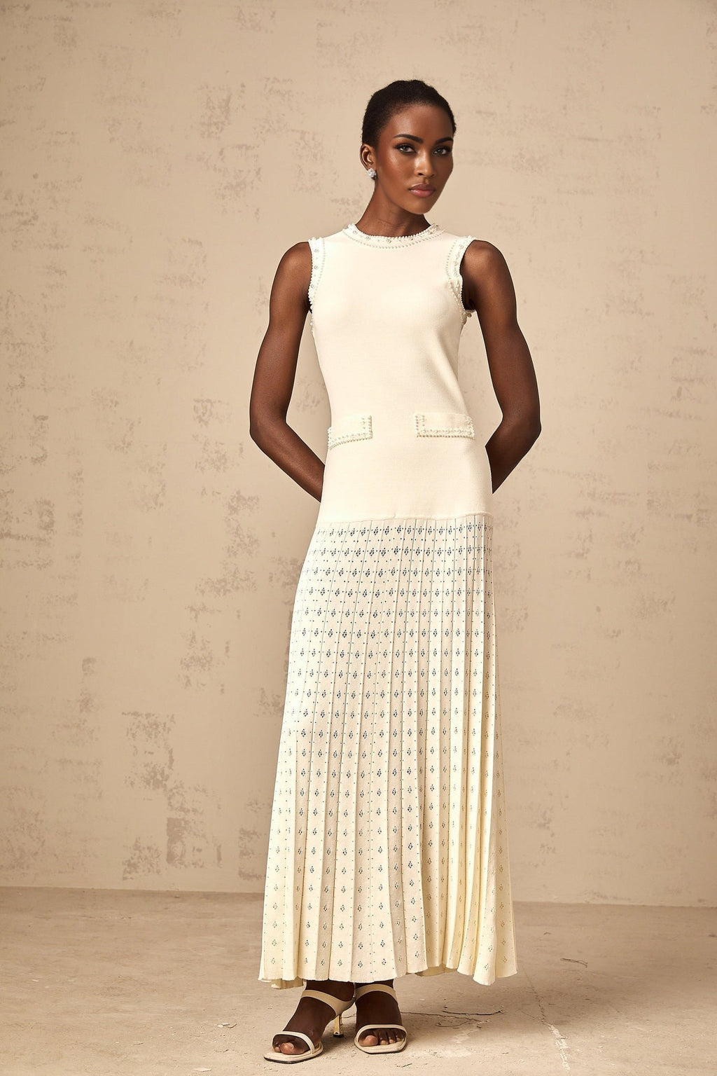 Luciana Maxi Dress in Elegant White with Faux - Pearl Embellishments & Knitted Detail