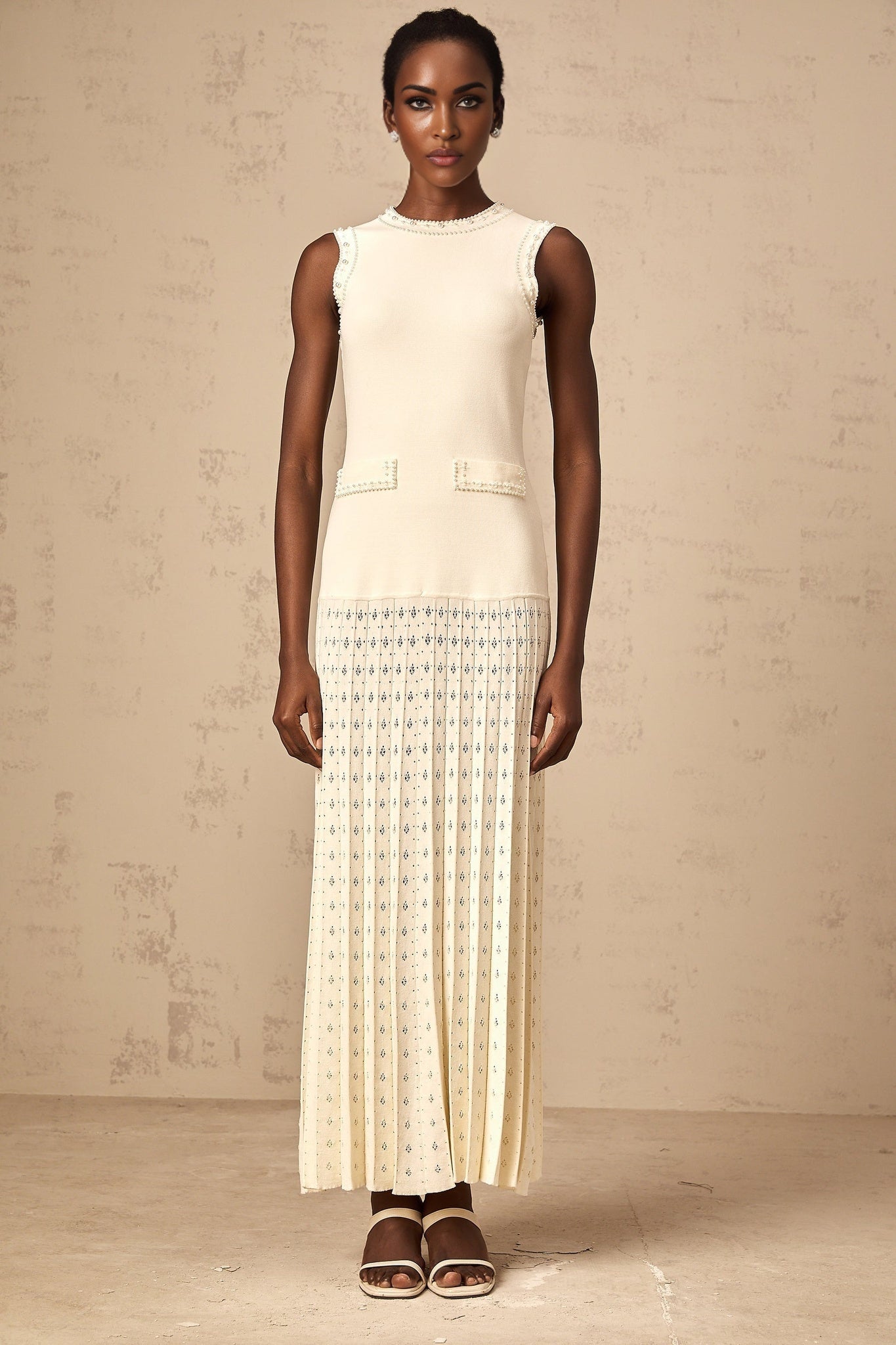 Luciana Maxi Dress in Elegant White with Faux - Pearl Embellishments & Knitted Detail
