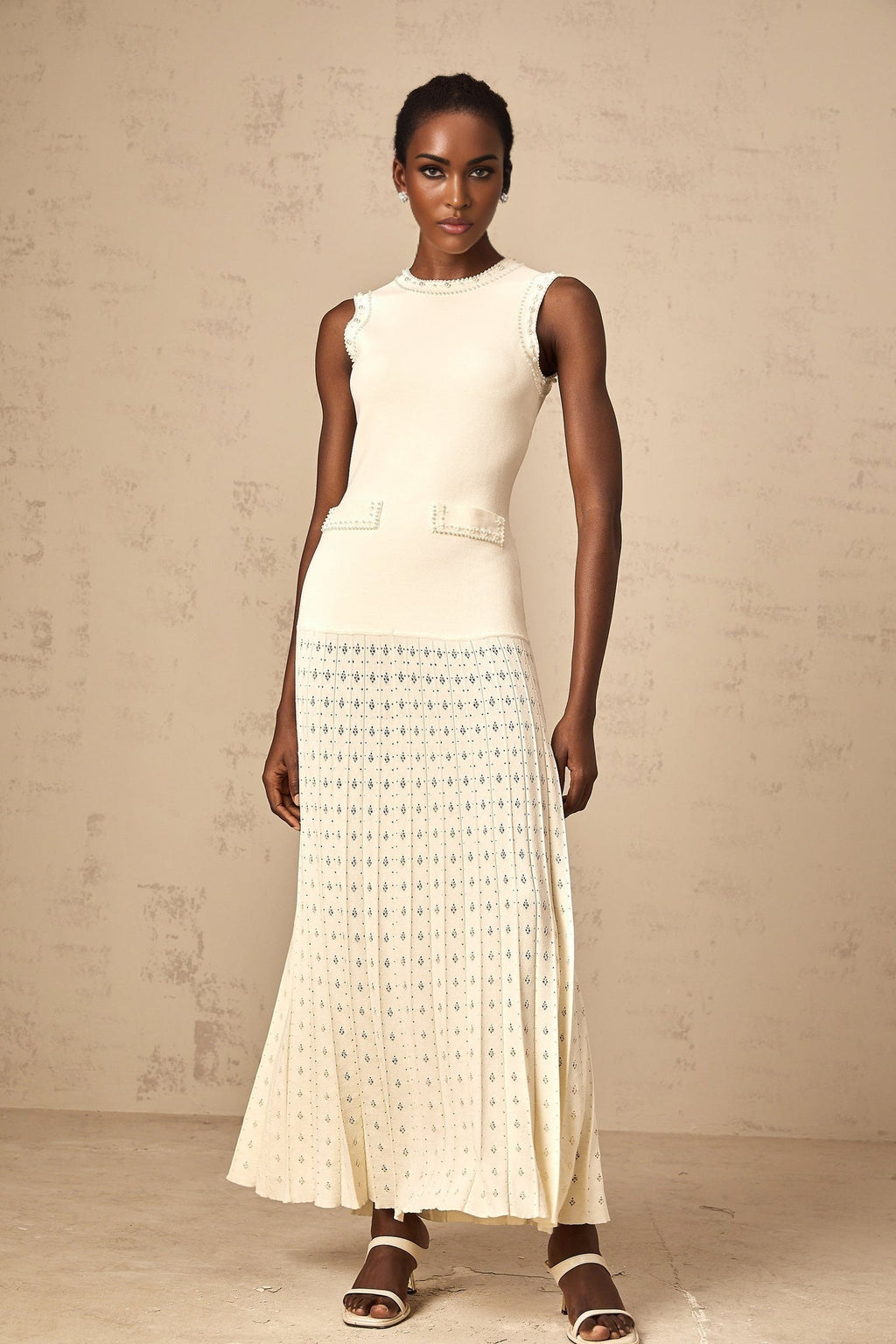 Luciana Maxi Dress in Elegant White with Faux - Pearl Embellishments & Knitted Detail