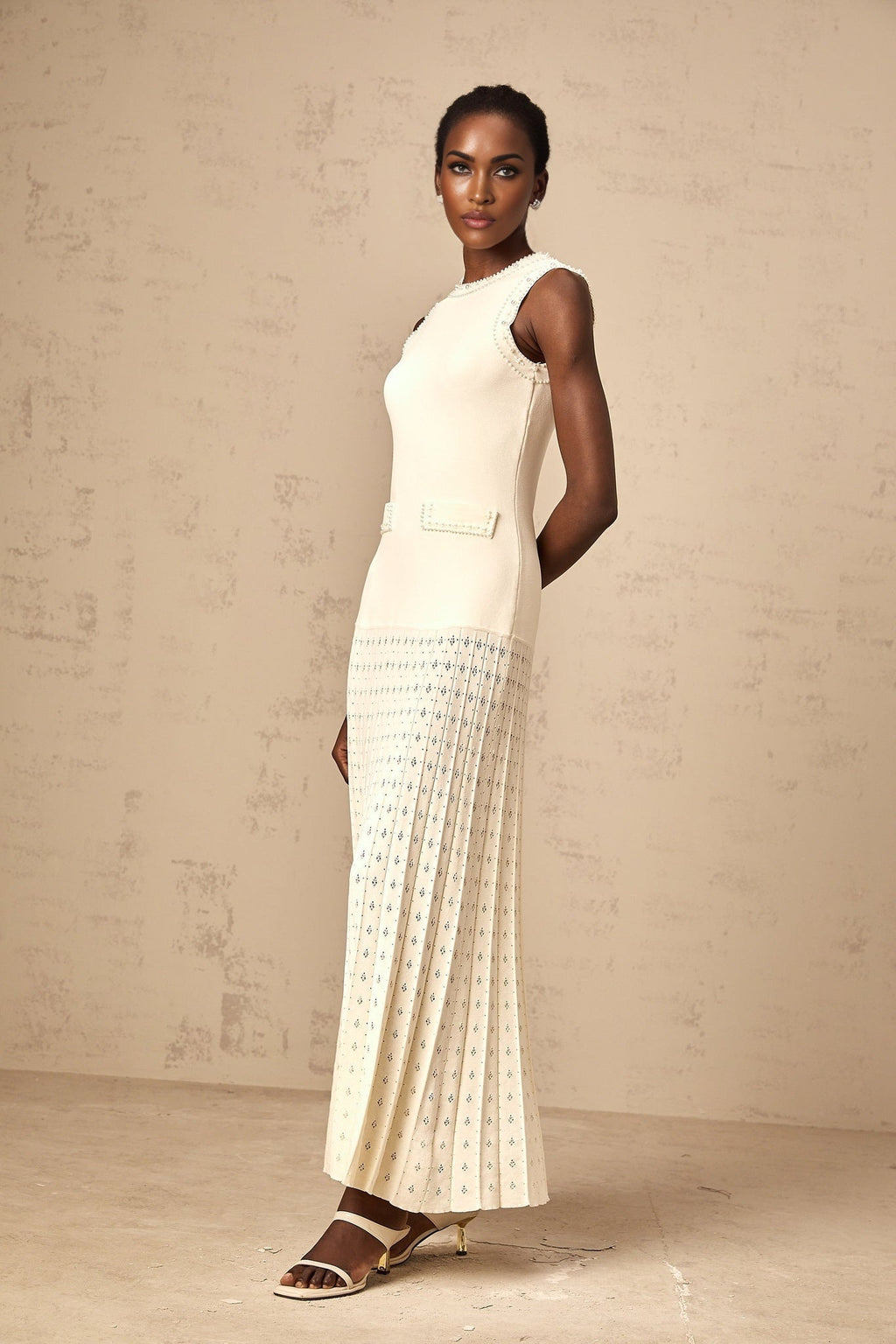 Luciana Maxi Dress in Elegant White with Faux - Pearl Embellishments & Knitted Detail