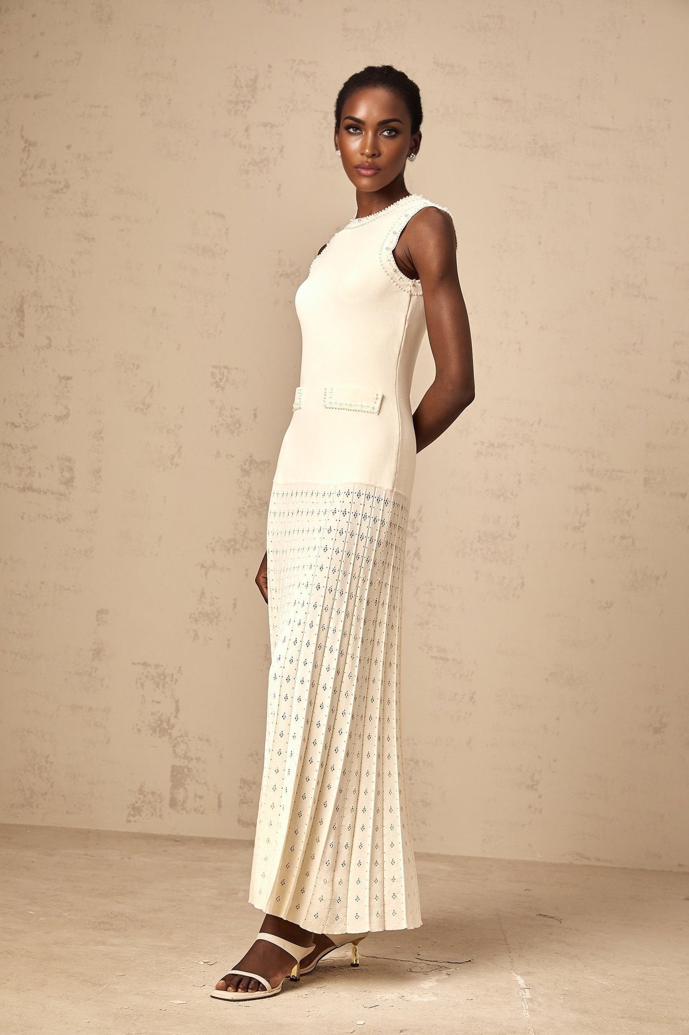 Luciana Maxi Dress in Elegant White with Faux - Pearl Embellishments & Knitted Detail