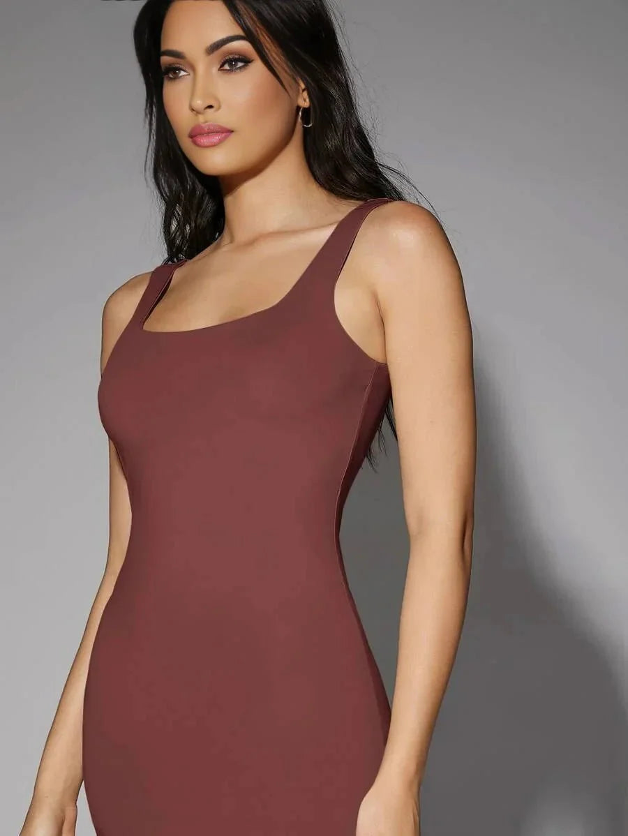 Luciana Midi Dress - Scoop Neck - Beach Occasion - Pencil Hem - Tank Style - Backless Feature