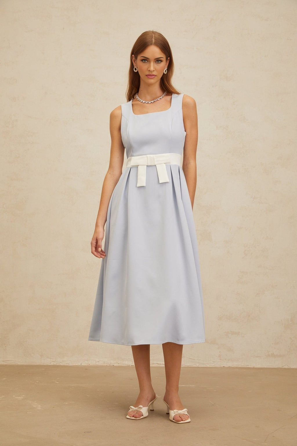 Luciana Midi Dress - Square Neck - Sleeveless - Bow Embellishment - Shirred Effect - Rear Zip Fastening