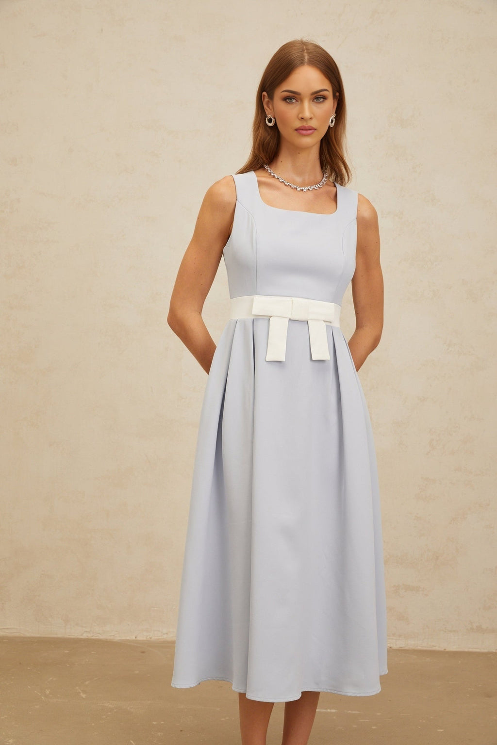 Luciana Midi Dress - Square Neck - Sleeveless - Bow Embellishment - Shirred Effect - Rear Zip Fastening