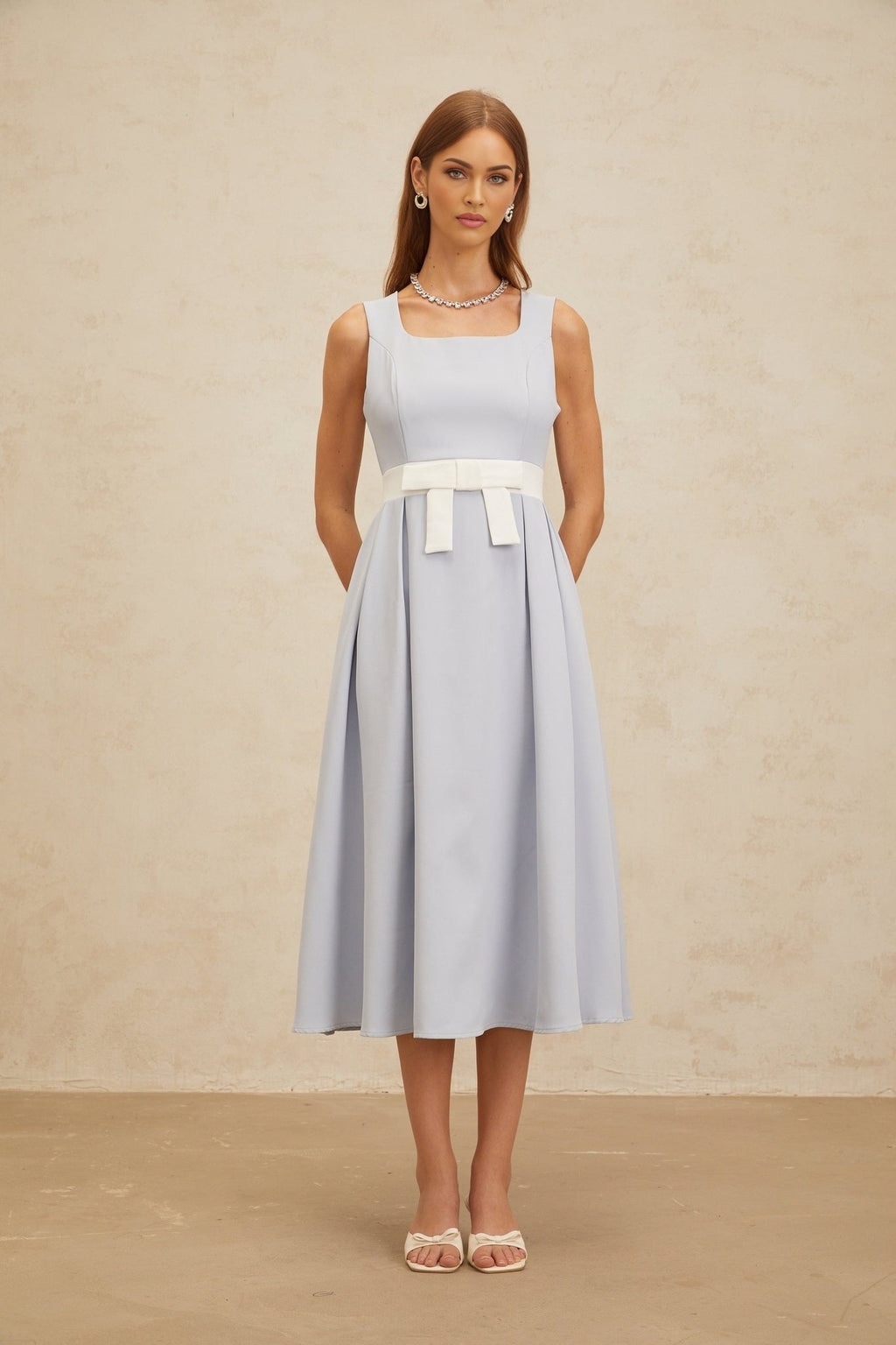 Luciana Midi Dress - Square Neck - Sleeveless - Bow Embellishment - Shirred Effect - Rear Zip Fastening