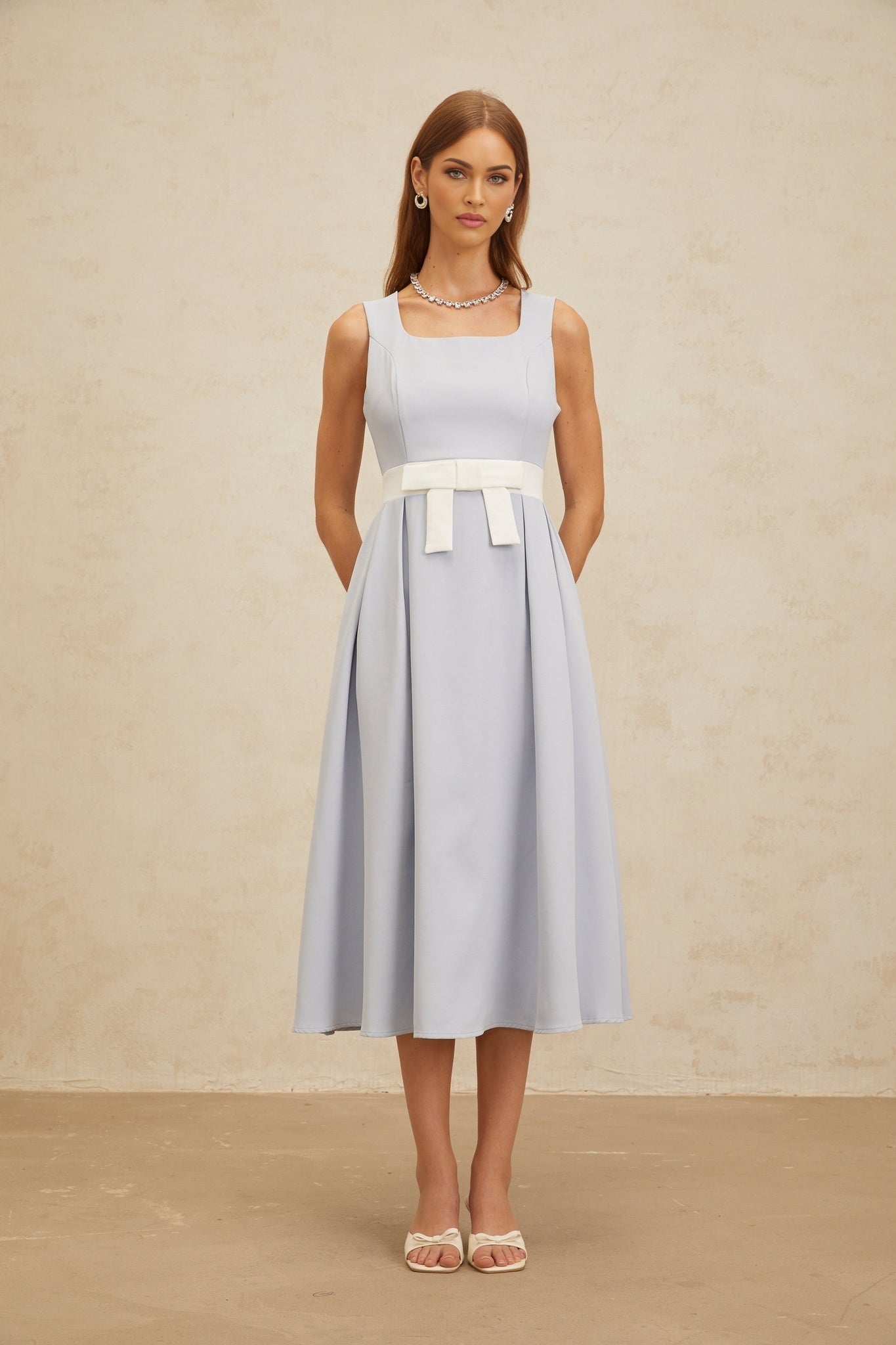 Luciana Midi Dress - Square Neck - Sleeveless - Bow Embellishment - Shirred Effect - Rear Zip Fastening