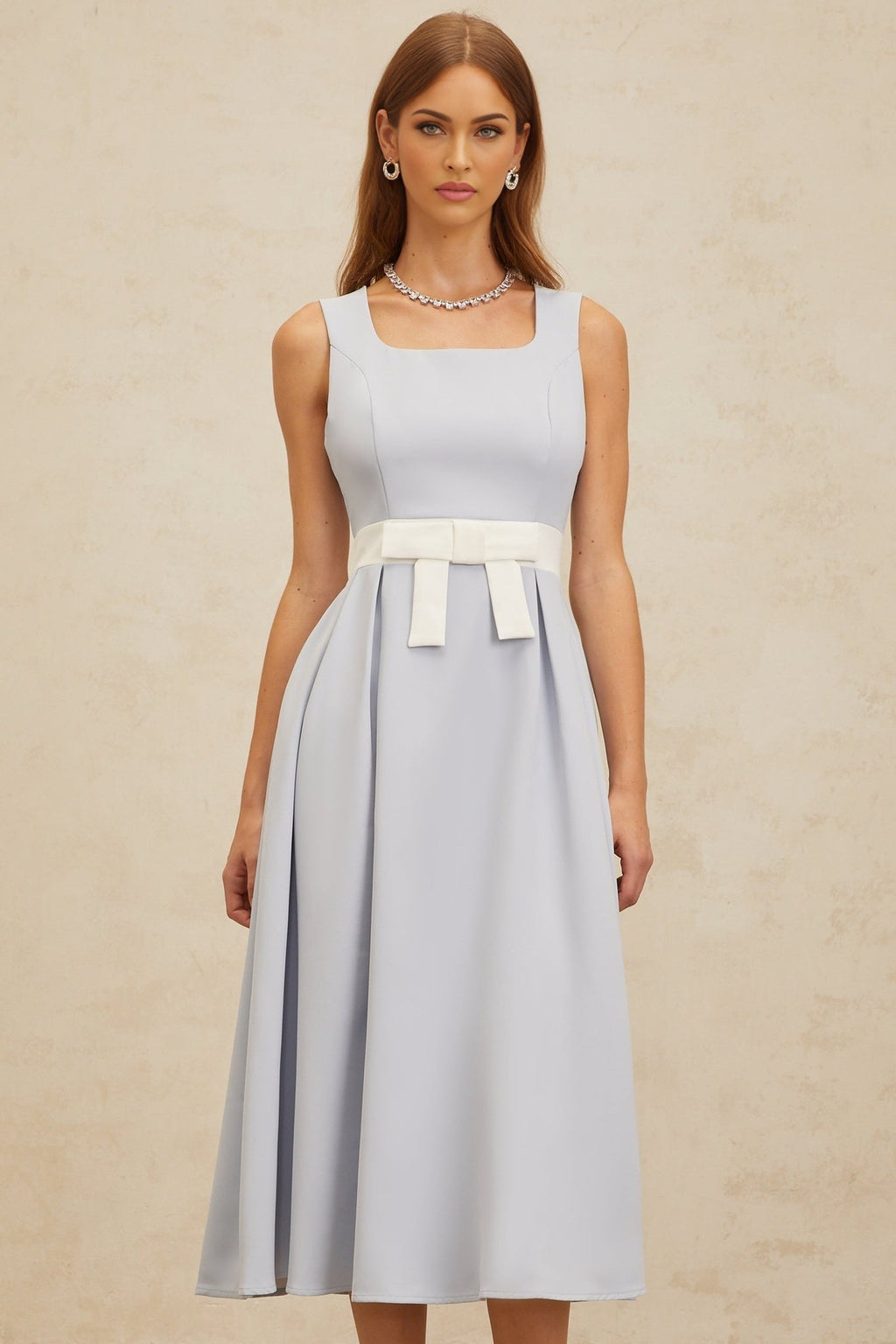 Luciana Midi Dress - Square Neck - Sleeveless - Bow Embellishment - Shirred Effect - Rear Zip Fastening