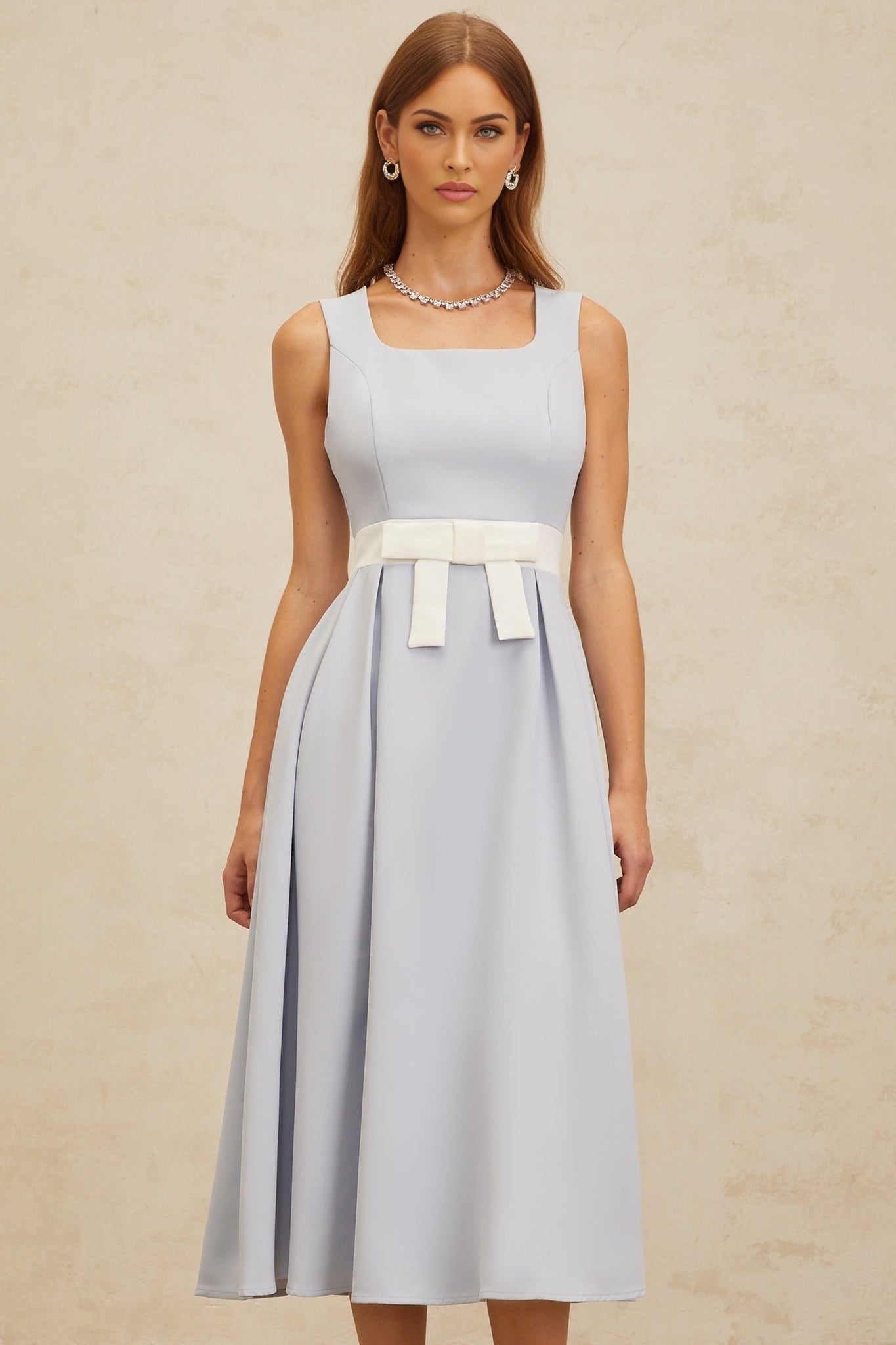 Luciana Midi Dress - Square Neck - Sleeveless - Bow Embellishment - Shirred Effect - Rear Zip Fastening