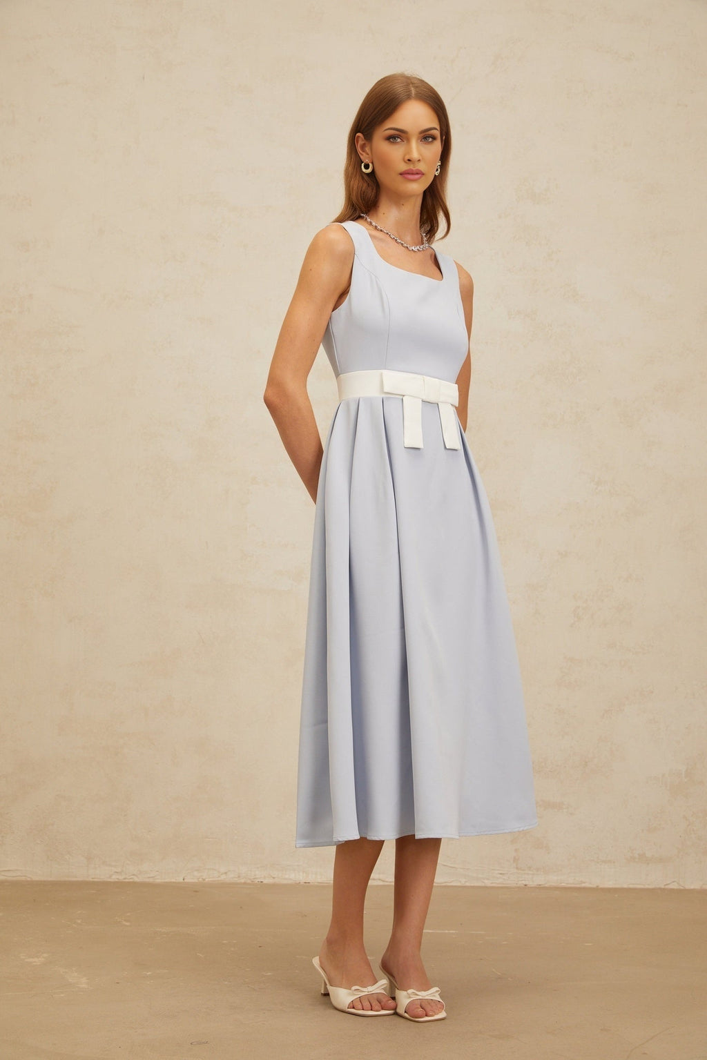 Luciana Midi Dress - Square Neck - Sleeveless - Bow Embellishment - Shirred Effect - Rear Zip Fastening