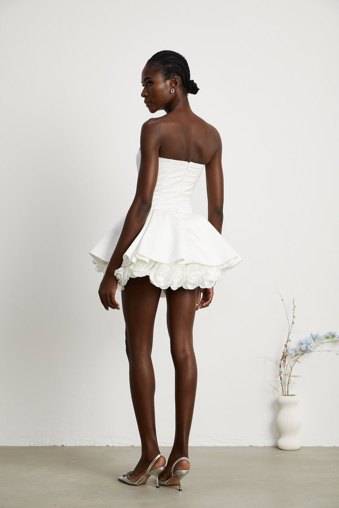 Lucie Off Shoulder Mini Dress - Sleeveless - Multilayer Design - Fitted Waist - Flared Skirt - 3D Petal Detailing