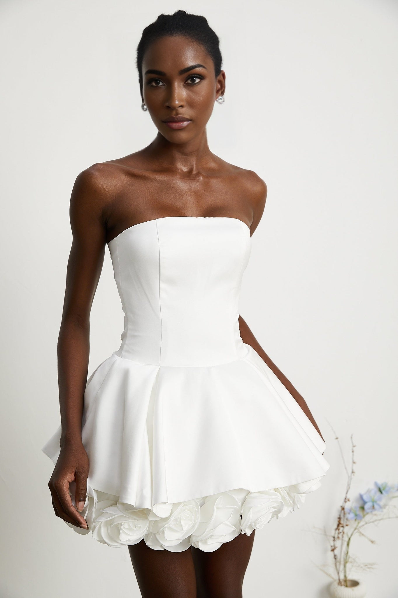 Lucie White Strapless Mini Dress With 3D Floral Hem
