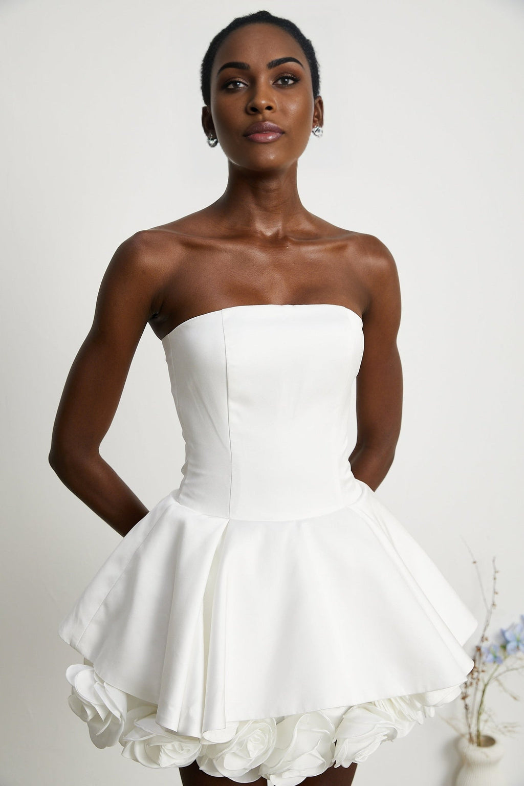 Lucie White Strapless Mini Dress With 3D Floral Hem