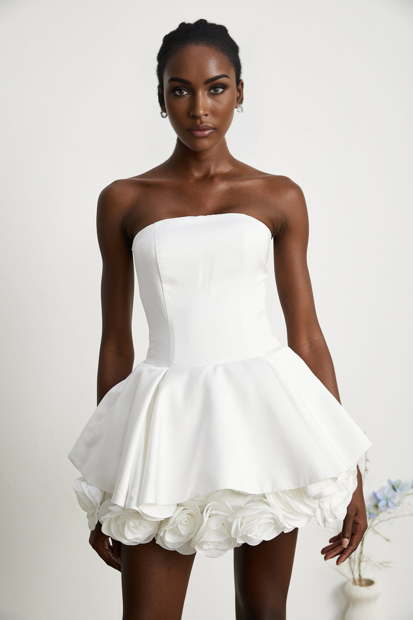 Lucie White Strapless Mini Dress With 3D Floral Hem