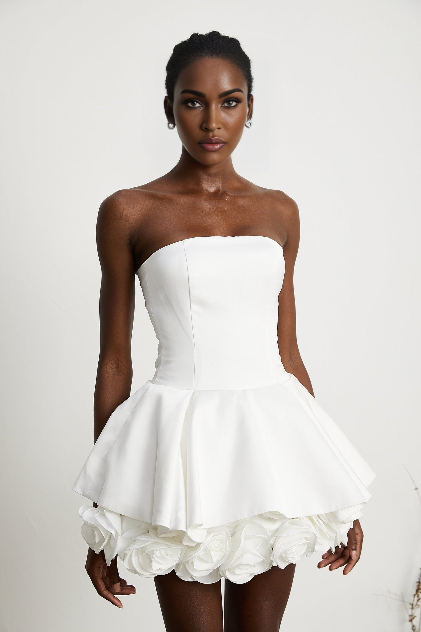 Lucie White Strapless Mini Dress With 3D Floral Hem