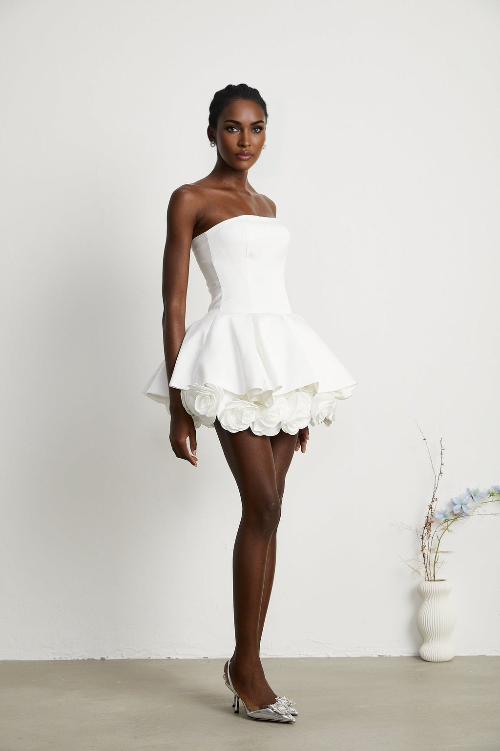 Lucie White Strapless Mini Dress With 3D Floral Hem