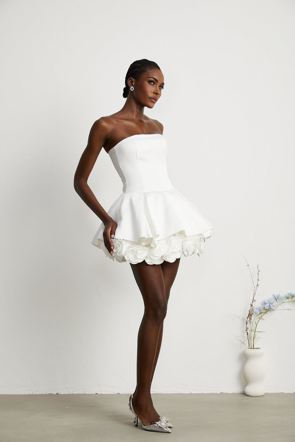 Lucie White Strapless Mini Dress With 3D Floral Hem