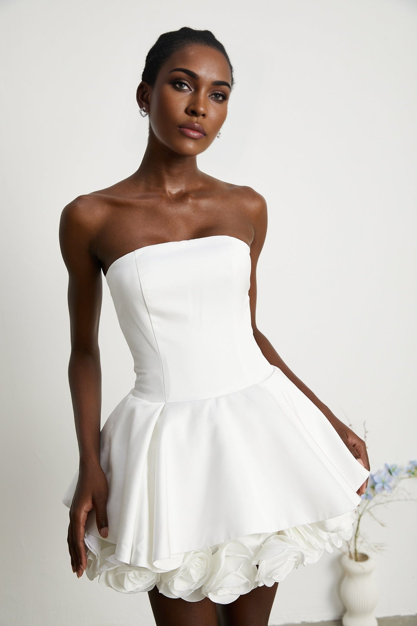 Lucie White Strapless Mini Dress With 3D Floral Hem