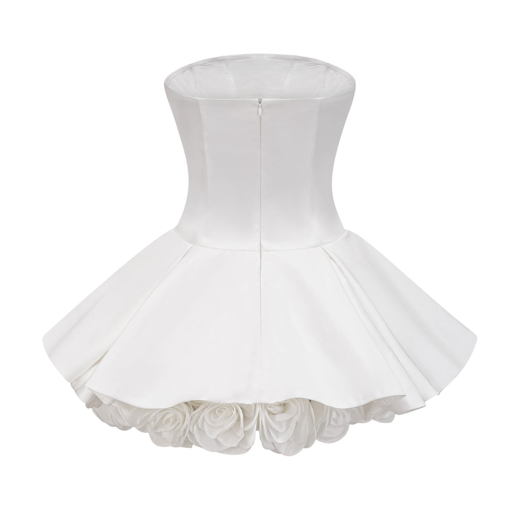 Lucie White Strapless Mini Dress With 3D Floral Hem