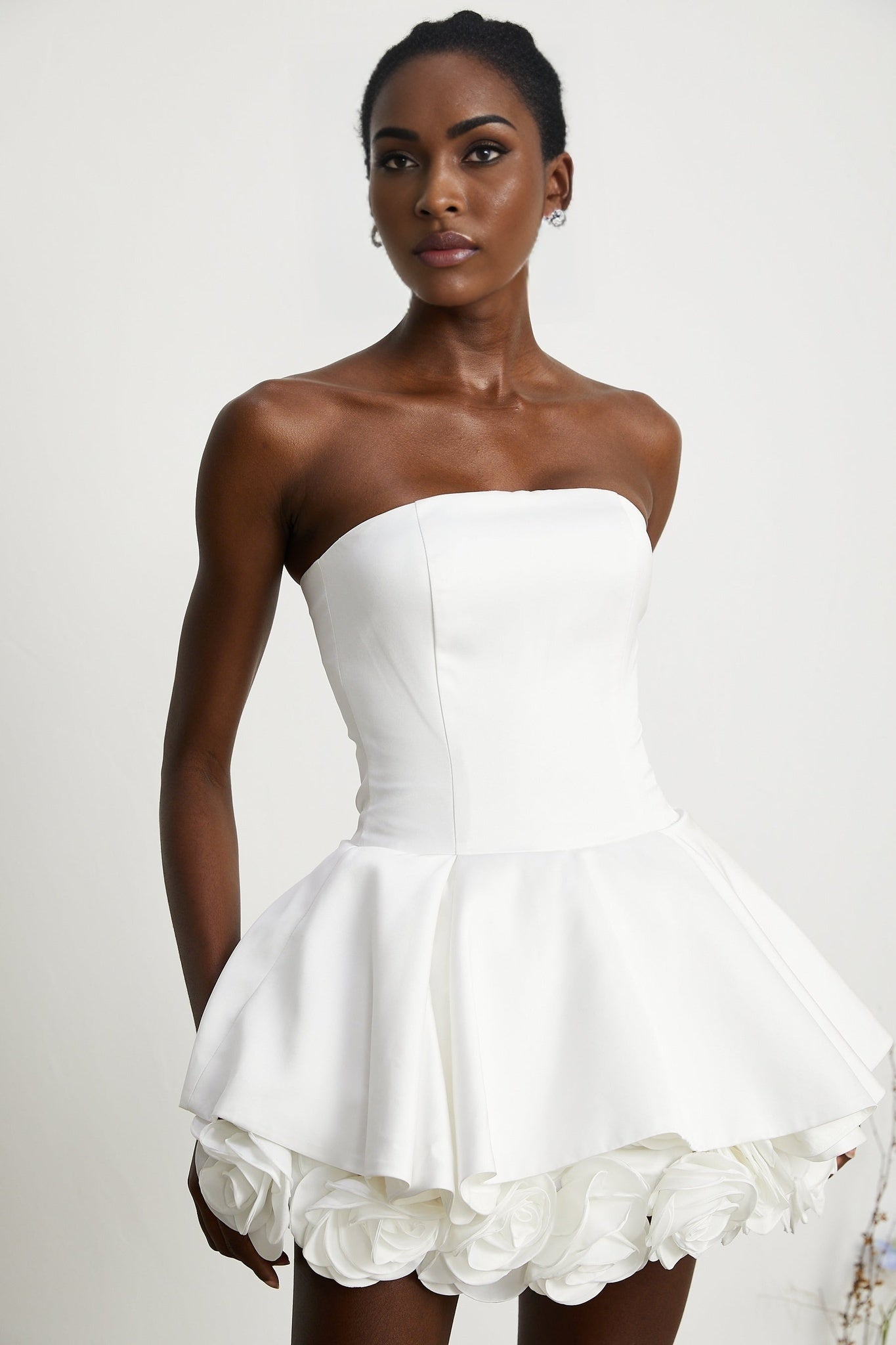 Lucie White Strapless Mini Dress With 3D Floral Hem