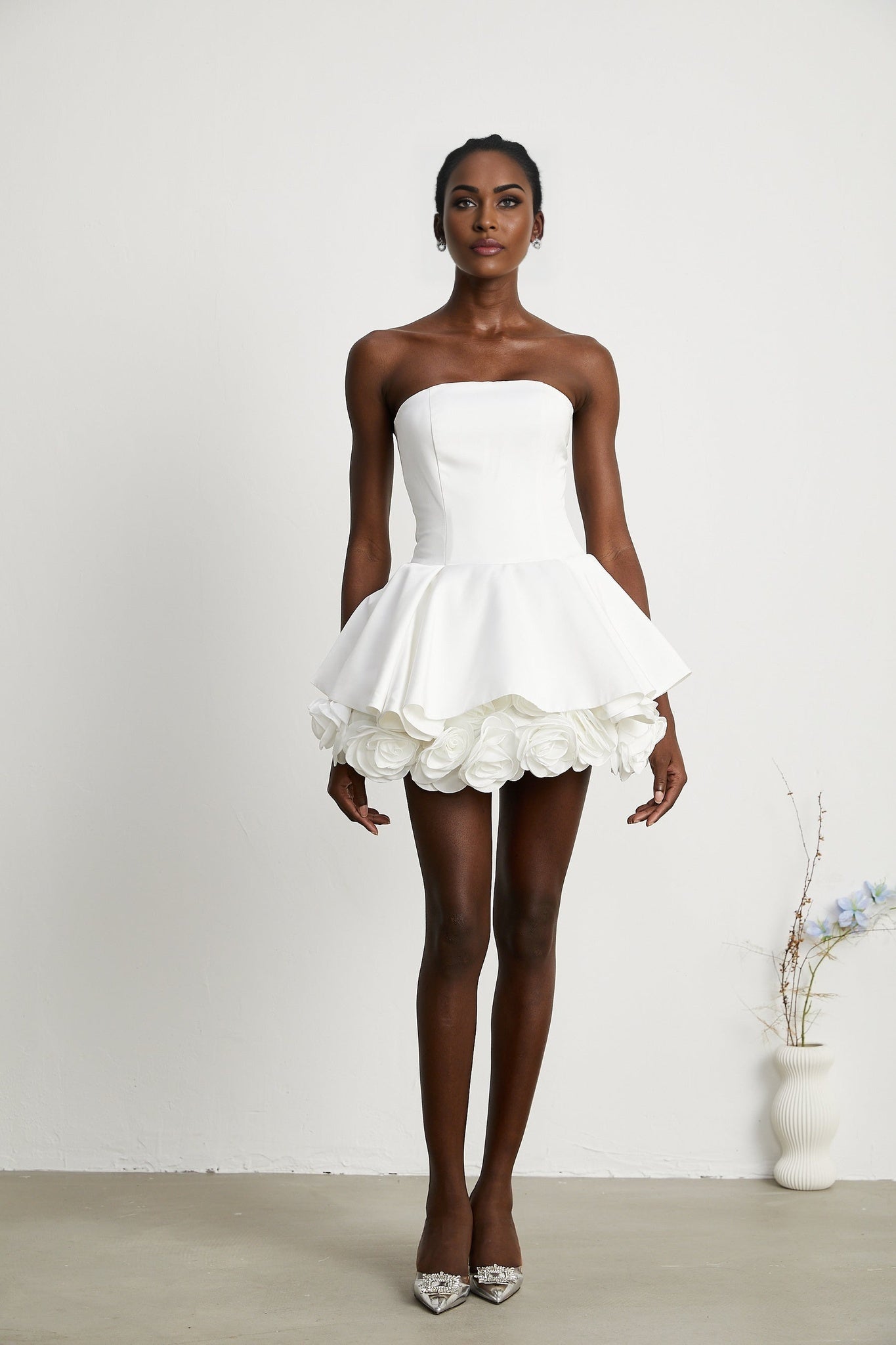Lucie White Strapless Mini Dress With 3D Floral Hem