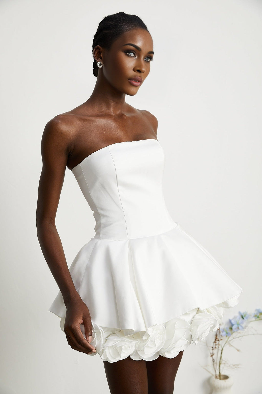 Lucie White Strapless Mini Dress With 3D Floral Hem