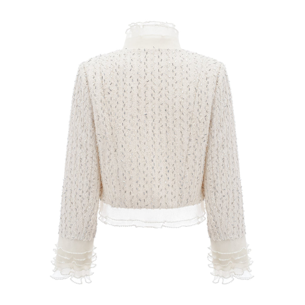 Lucille Jacket White Beaded Ruffle Cropped & Embellished