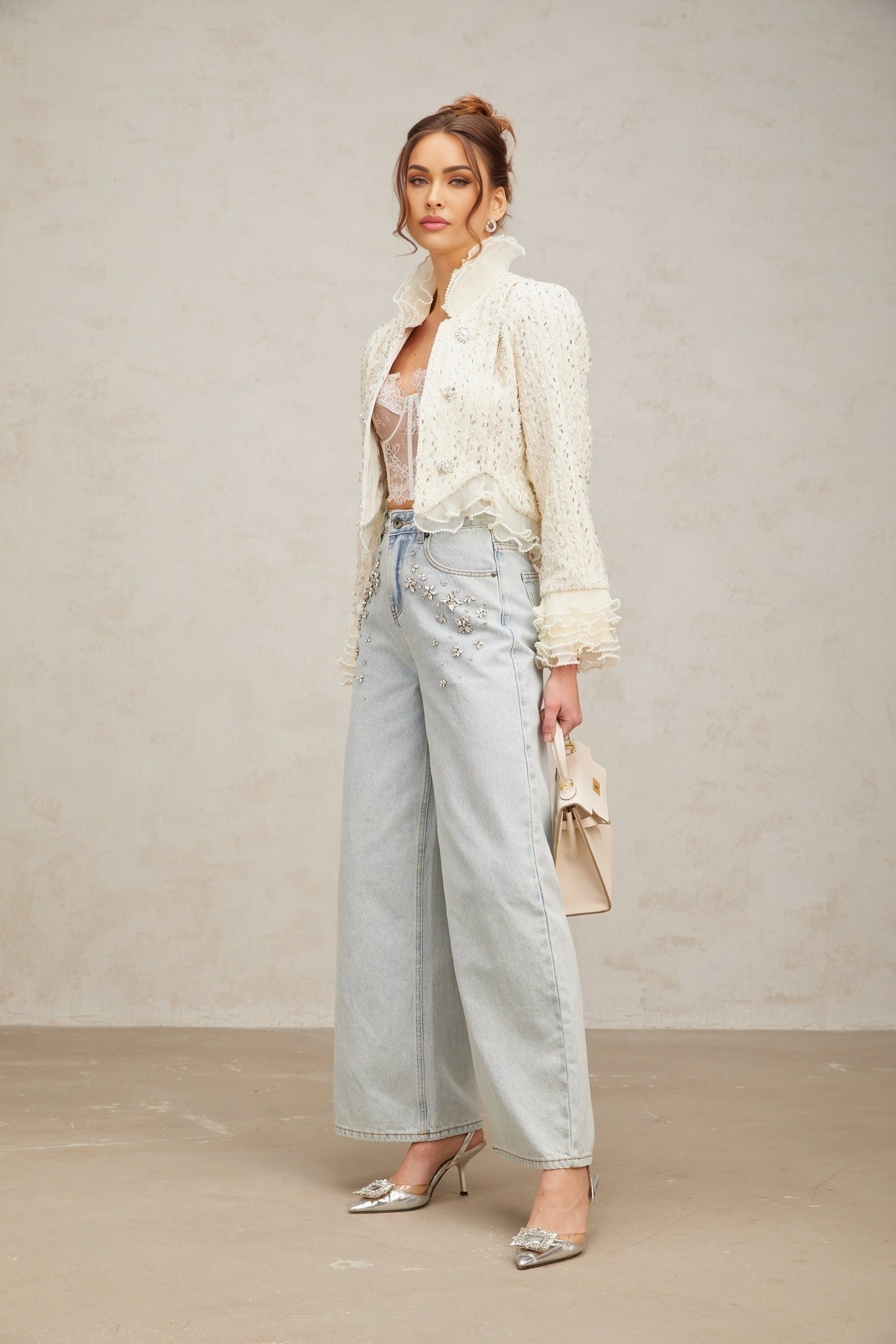Lucille Jacket White Beaded Ruffle Cropped & Embellished