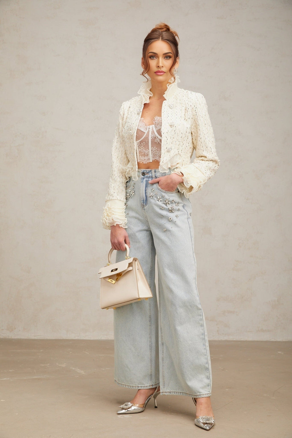 Lucille Jacket White Beaded Ruffle Cropped & Embellished