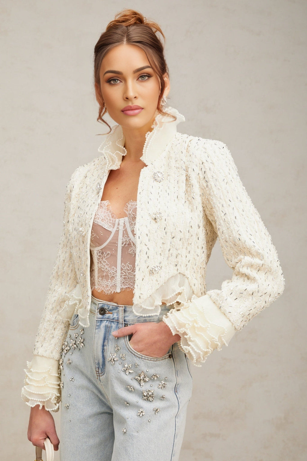 Lucille Jacket White Beaded Ruffle Cropped & Embellished