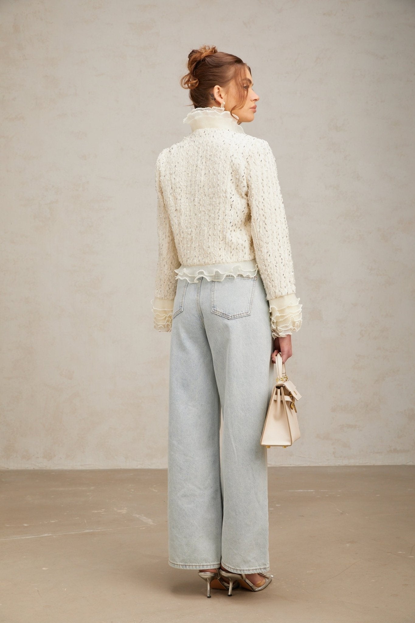 Lucille Jacket White Beaded Ruffle Cropped & Embellished