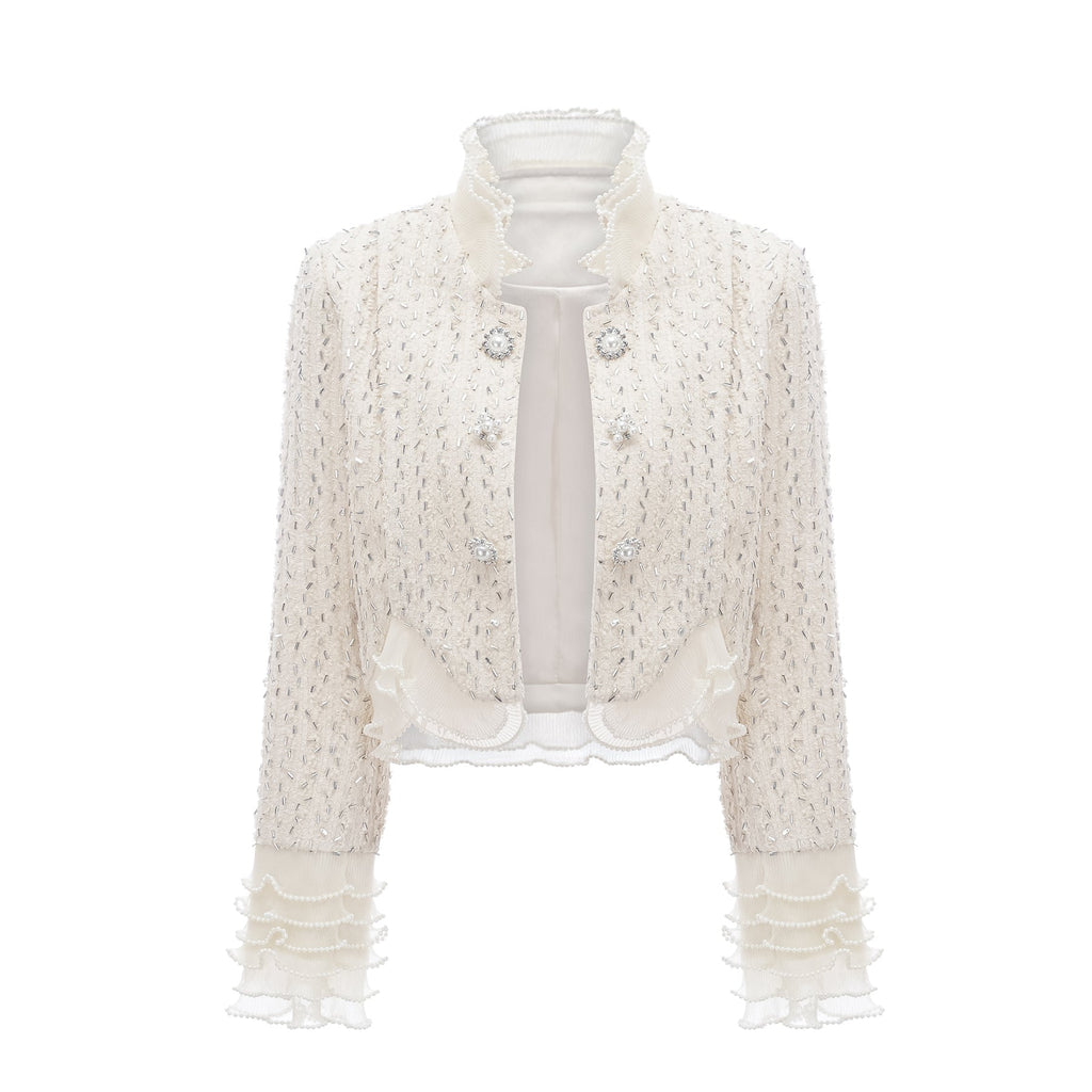 Lucille Jacket White Beaded Ruffle Cropped & Embellished