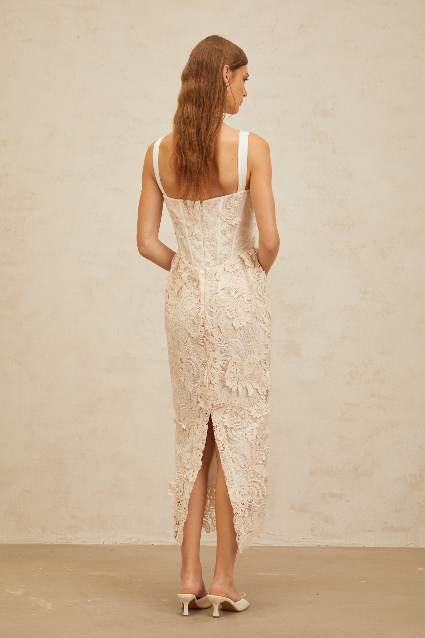 Lucille Midi Dress - Sweetheart Neckline - Boned Bodice - Cinched Waist - Corset Style - Rear Slit