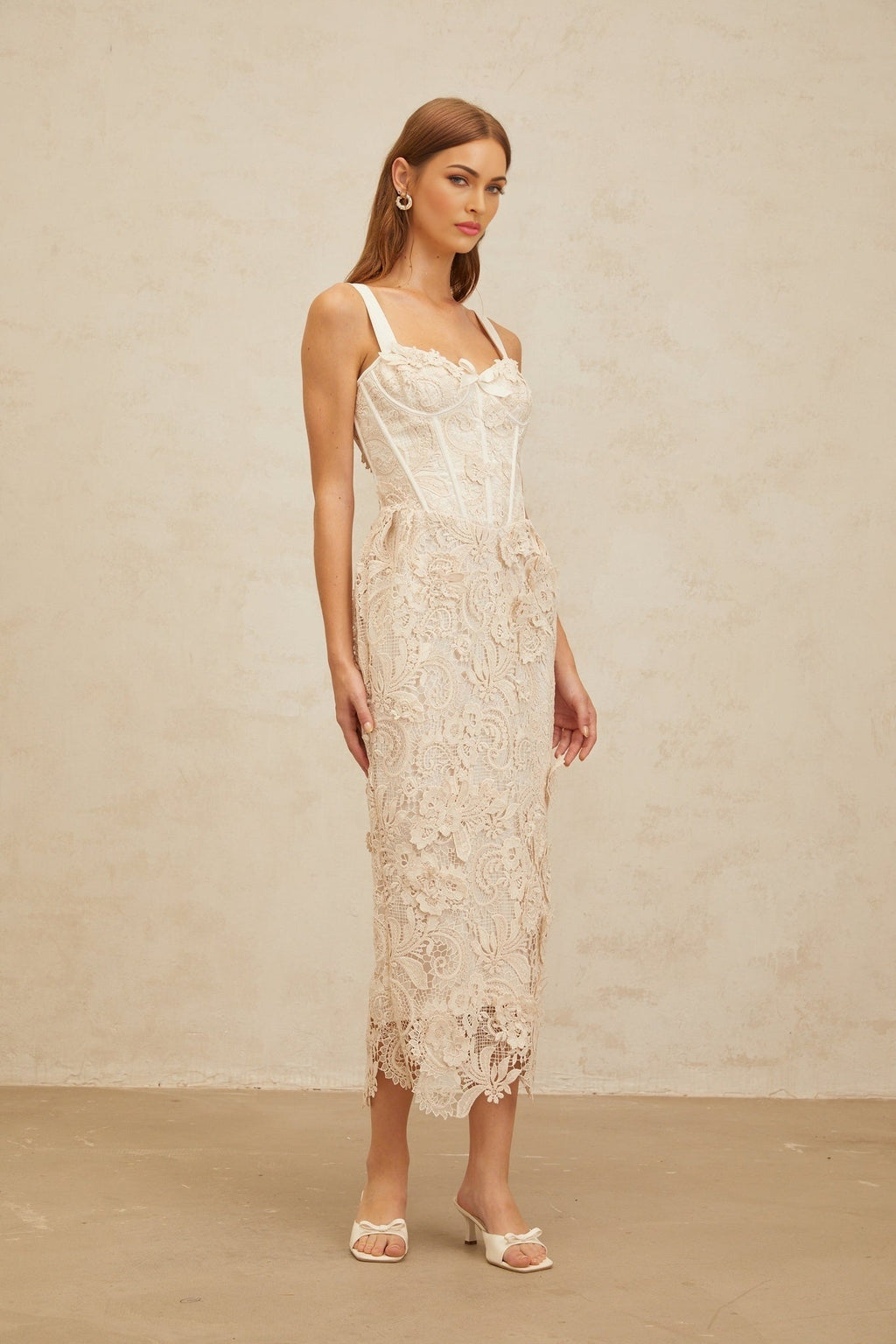 Lucille Midi Dress - Sweetheart Neckline - Boned Bodice - Cinched Waist - Corset Style - Rear Slit