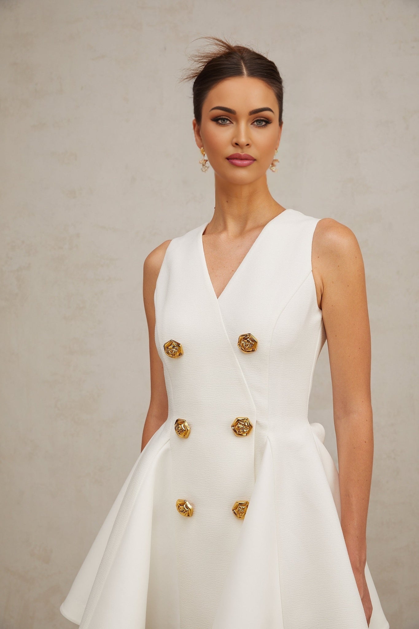 Lucille Mini Dress White VNeck Gold Button ALine Hem